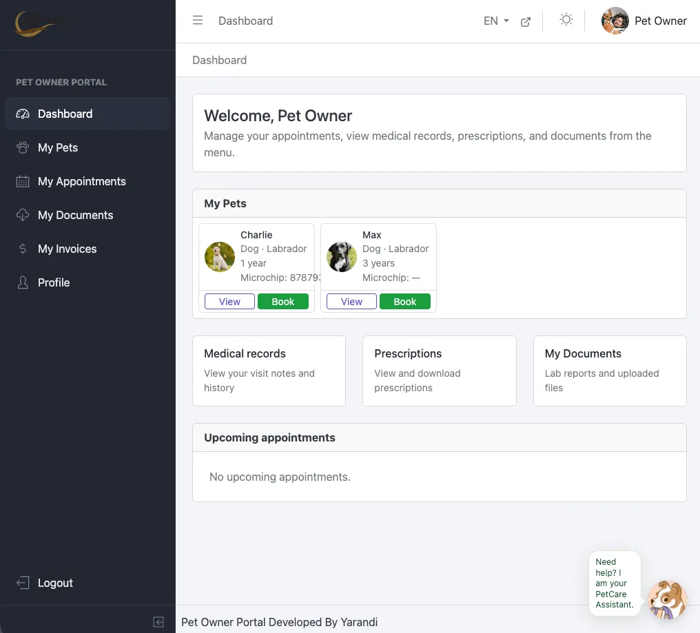 Veterinary Office Manager – Pet-owner dashboard